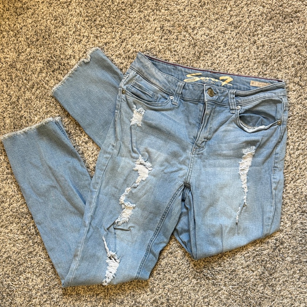 Seven7 Light Blue Distressed Slim Straight Leg Jeans, size 12